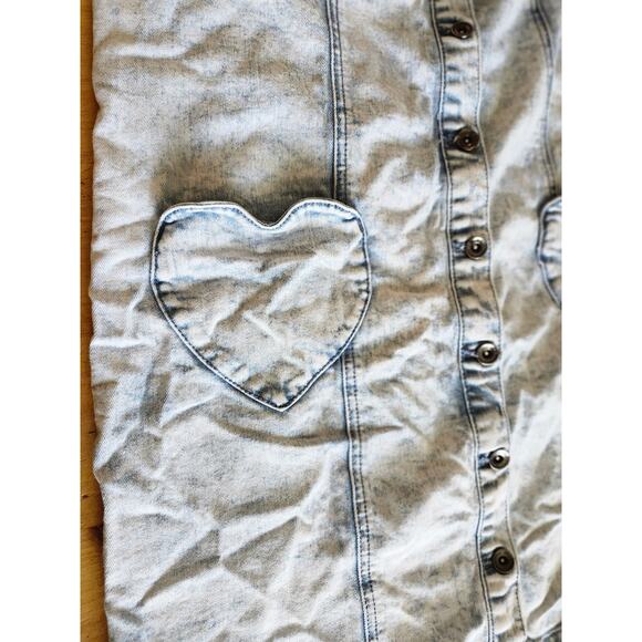 Black Heart Med Acid Washed Denim Dress Heart Pockets Adjustable Full Button - Picture 5 of 9